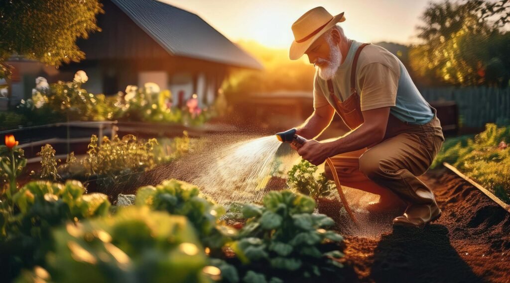 Watering vegetable garden